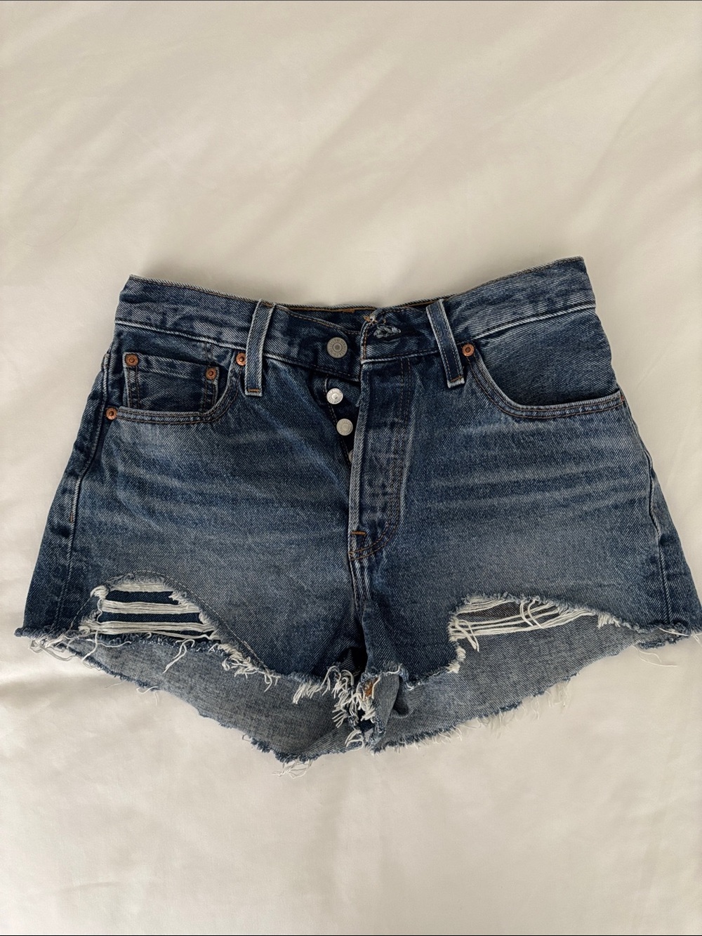 Levi 501 High-Rise Distressed Denim Shorts - Dark Blue